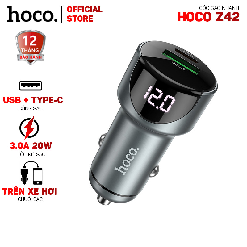 Cóc sạc nhanh Hoco Z42 trên xe hơi 1 cổng USB 1 cổng Type-C có màn hình led-Dành cho mọi...
