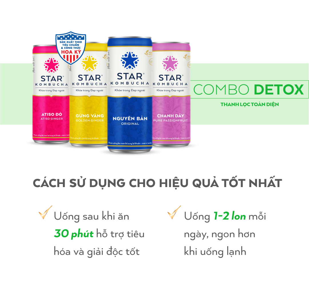 Combo 4 lon trà STAR KOMBUCHA mix vị - Detox Pack (250ml/lon) - Trà lên men vi sinh chứa probiotics...