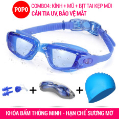 Kính bơi + Mũ bơi + Bịt tai kẹp mũi POPO 2360 mắt trong (Combo 4 sản phẩm) Kính bơi chống tia UV, Mũ bơi trơn chống nước, Bịt tai kẹp mũi ngăn nước