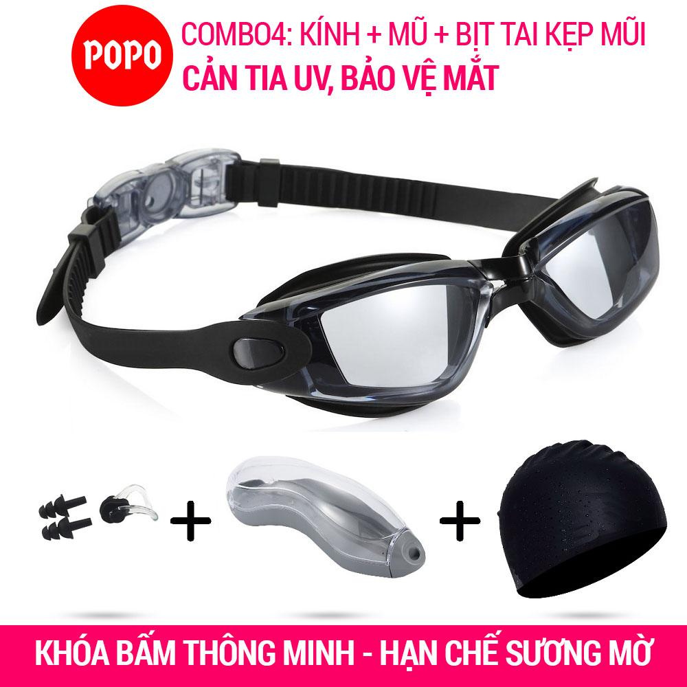 Kính bơi + Mũ bơi + Bịt tai kẹp mũi POPO 2360 mắt trong (Combo 4 sản phẩm) Kính bơi...