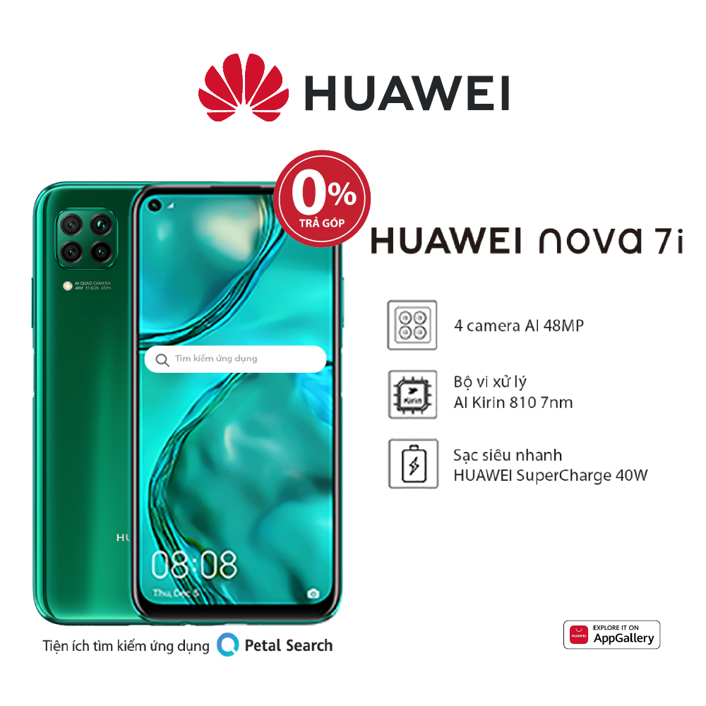 Điện thoại Huawei Nova 7i (8GB/128GB) – Bộ 4 camera sau chụp ảnh linh hoạt-Màn hình LCD 6.4 inch độ phân giải Full HD+ Cảm biến vân tay tích hợp nút nguồn-Pin 4200 mAh với công nghệ sạc nhanh Huawei Supercharge-Hàng phân phối chính hãng