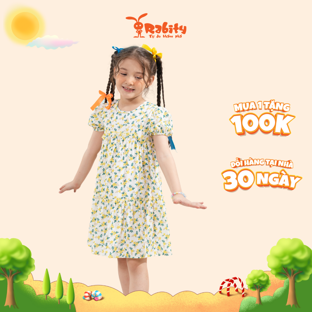 (11-34kg) Váy thô ngắn tay hoa nhí bé gái Rabity váy cotton tay bo chun họa tiết dễ thương cho trẻ em 93154