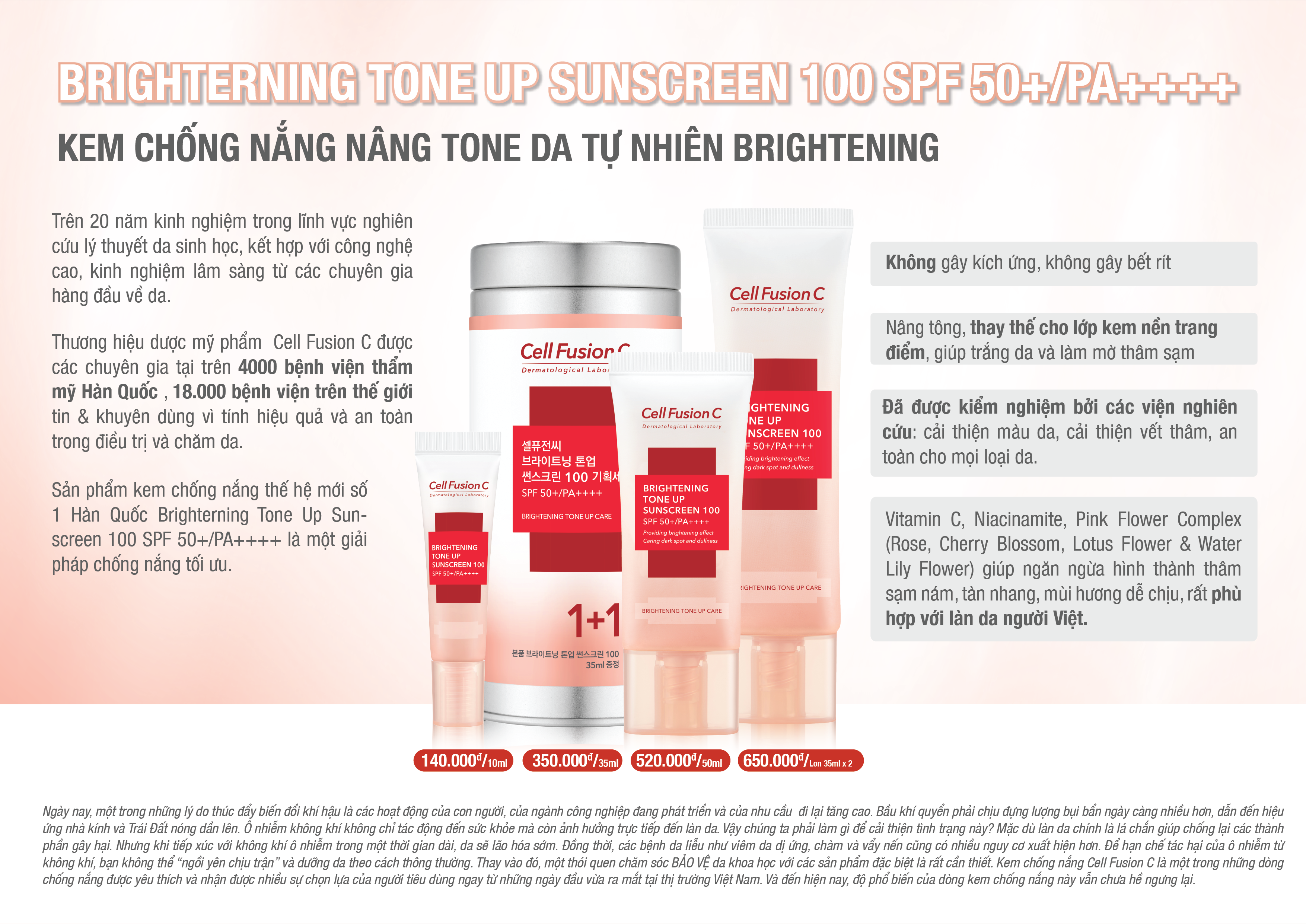 Kem Chống Nắng Dưỡng Trắng Nâng Tone Da Cell Fusion C Brightening Tone Up Sunscreen 100 SPF50+/ PA ++++