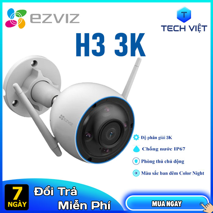 [HÀNG CHÍNH HÃNG] Camera Wi-Fi EZVIZ H3 3K - Độ Phân Giải 5MP, Chống Nước IP67, Màu Sắc Ban Đêm...