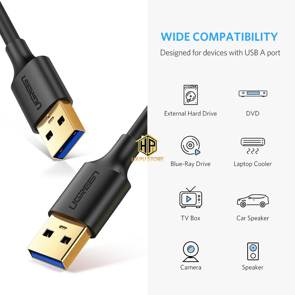 Cáp USB 2 đầu đực Ugreen US128 chuẩn USB 3.0 tốc độ cao chính hãng - Hapustore