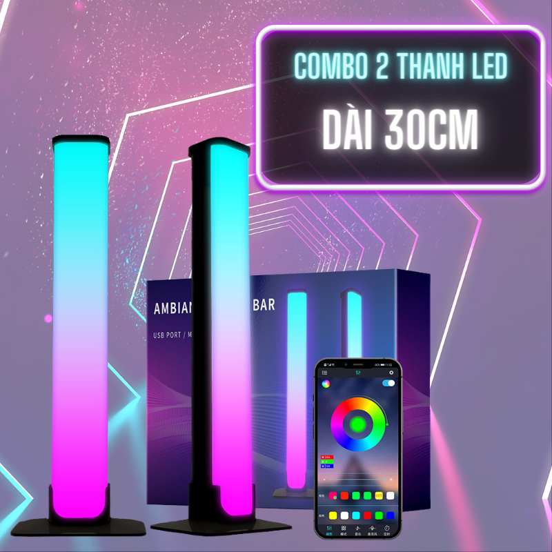 Thanh Đèn LED RGB ngắn có đế chân trang trí gaming, Thanh LED cảm biến âm nhạc kèm app điều chỉnh chế độ đèn