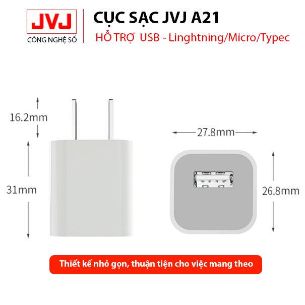 Củ sạc nhanh, củ sạc JVJ A21 USB- Lightning/Micro/Typec cho các dòng máy iphone, android- Bảo hành 6T chính hãng