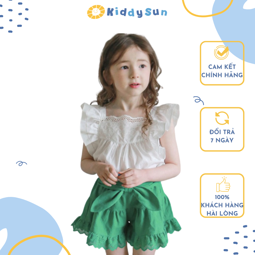 Set áo trắng quần xanh bé gái Kiddy Sun tiểu thư xinh xắn đáng yêu dành cho bé gái từ 2,3,4,5,6,7,8,9,10,11,12 tuổi [V394]