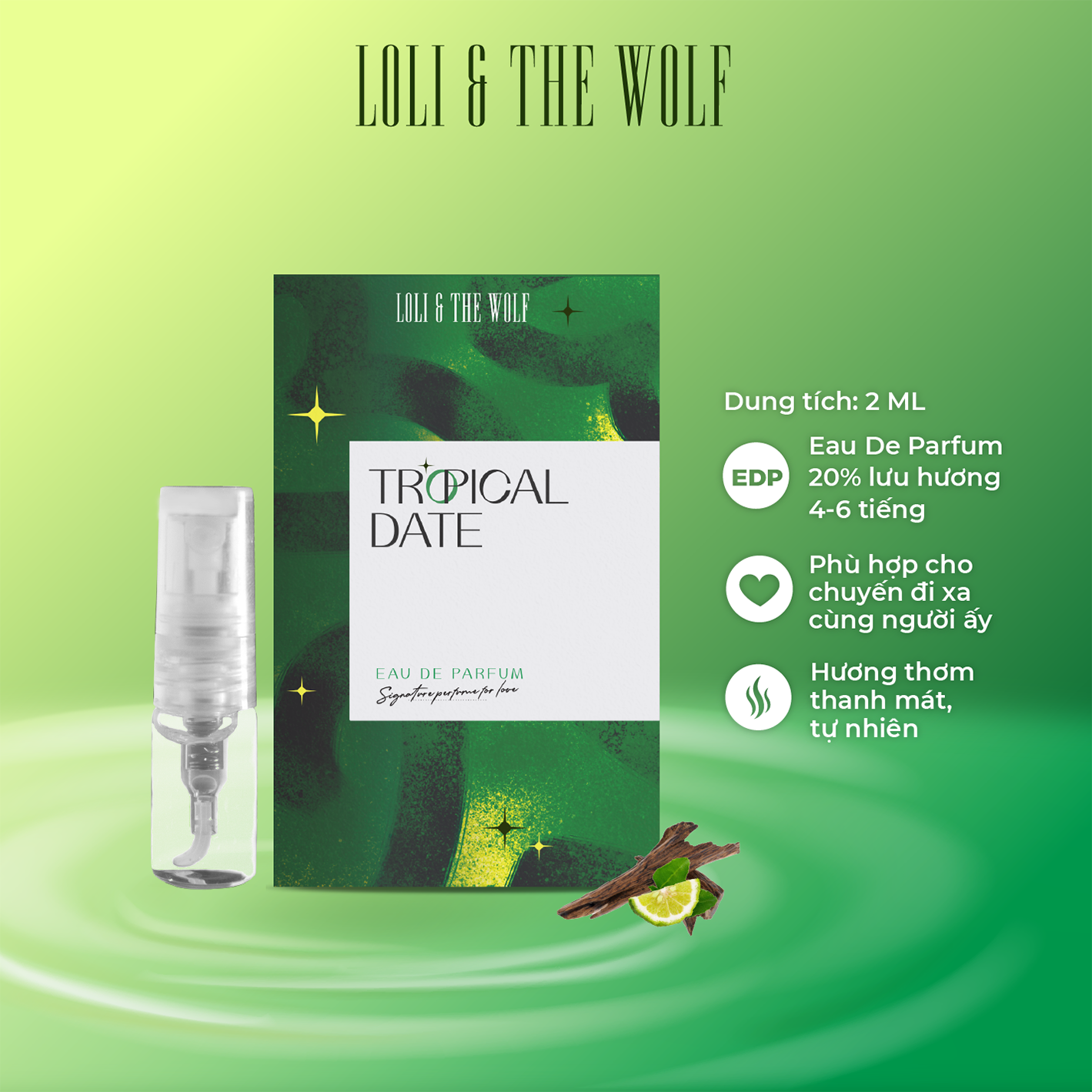 Nước hoa mini Unisex Tropical Date Eau De Parfum dành cho nam và nữ, lưu hương 6-8 tiếng, chai 2ml nhỏ gọn, tiện dụng – LOLI & THE WOLF