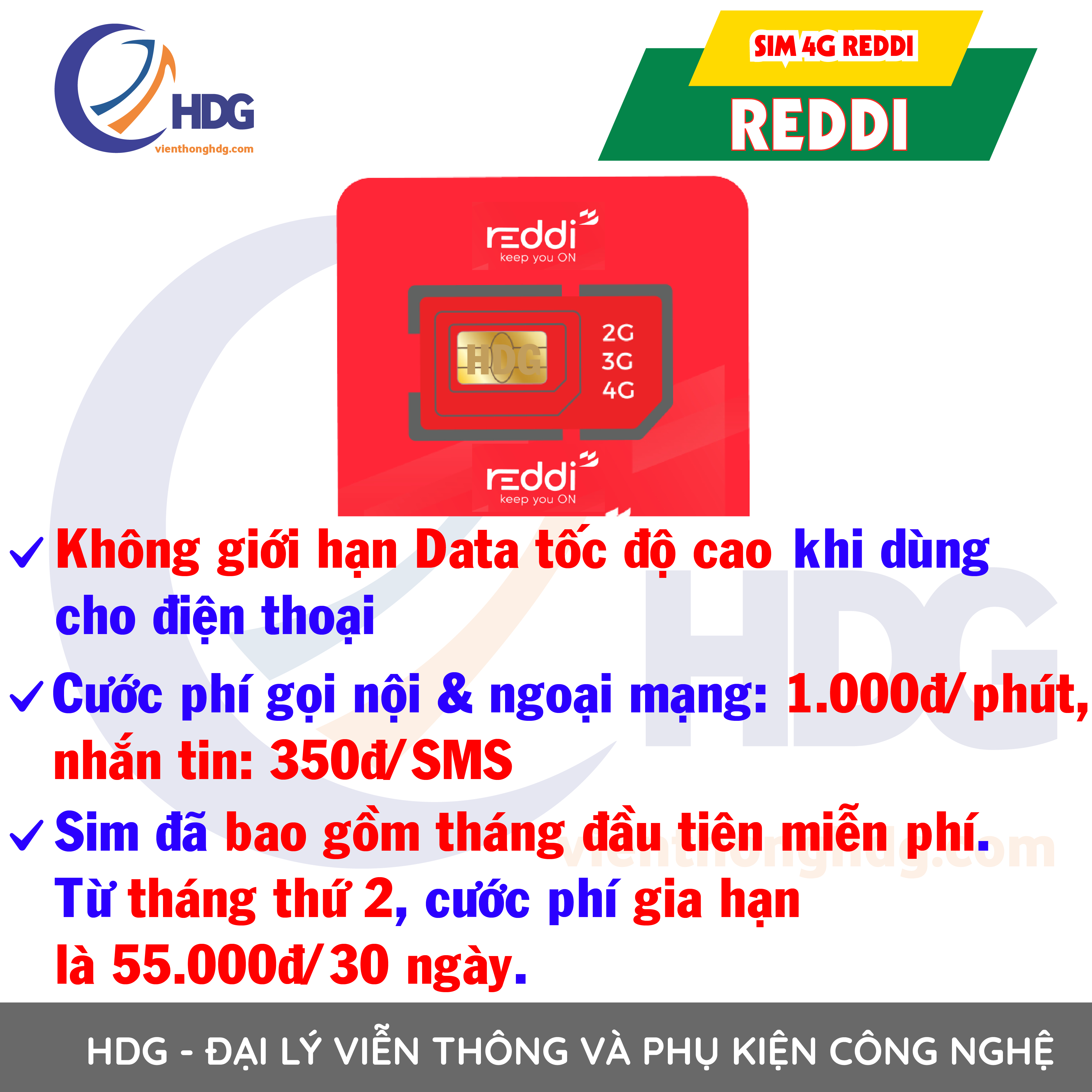 Sim REDDI không giới hạn data tốc độ cao, sóng vinaphone – Viễn Thông HDG