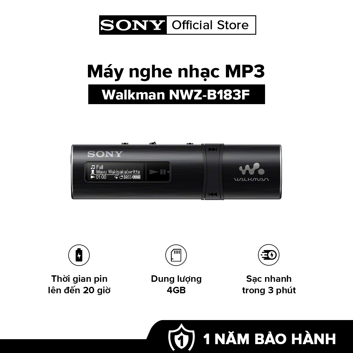 [HÀNG CHÍNH HÃNG] MÁY NGHE NHAC MP3 Walkman tích hợp USB NWZ-B183F Dung lượng 4GB cho khoảng 900 bài hát Thời gian sử dụng pin lên đến 20 giờ Sạc nhanh trong 3 phút