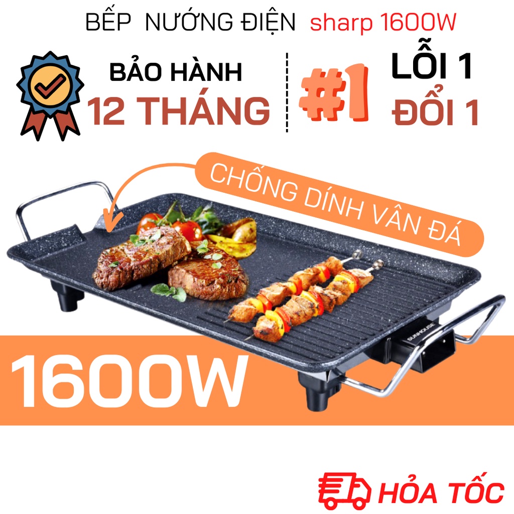 Bếp Nướng Điện Không Khói Chính Hãng SHARP Công Suất 1600W, Vỉ Nướng Điện BBQ 6 Mức Chỉnh Nhiệt -...