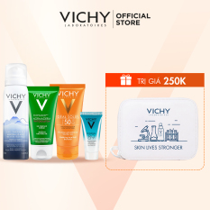 Bộ sản phẩm chăm sóc & bảo vệ da dầu Vichy gồm: Kem chống nắng Ideal Soleil Dry Touch, Xịt khoáng, Gel rửa mặt và Serum khoáng Mineral 89