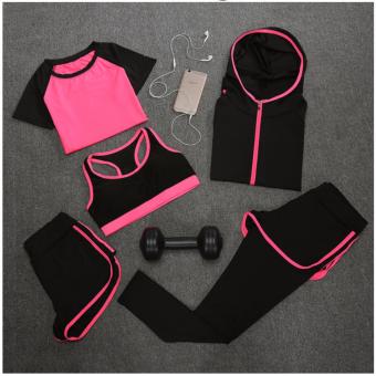 Bộ 5 món quần áo tập Gym - Yoga nữ - hồng phối đen  