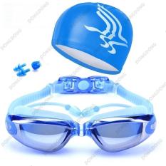 Bộ kính bơi mắt tráng GƯƠNG màu XANH BIỂN 6615 – gồm MŨ BƠI, Bịt tai kẹp mũi cao cấp – DONGDONG