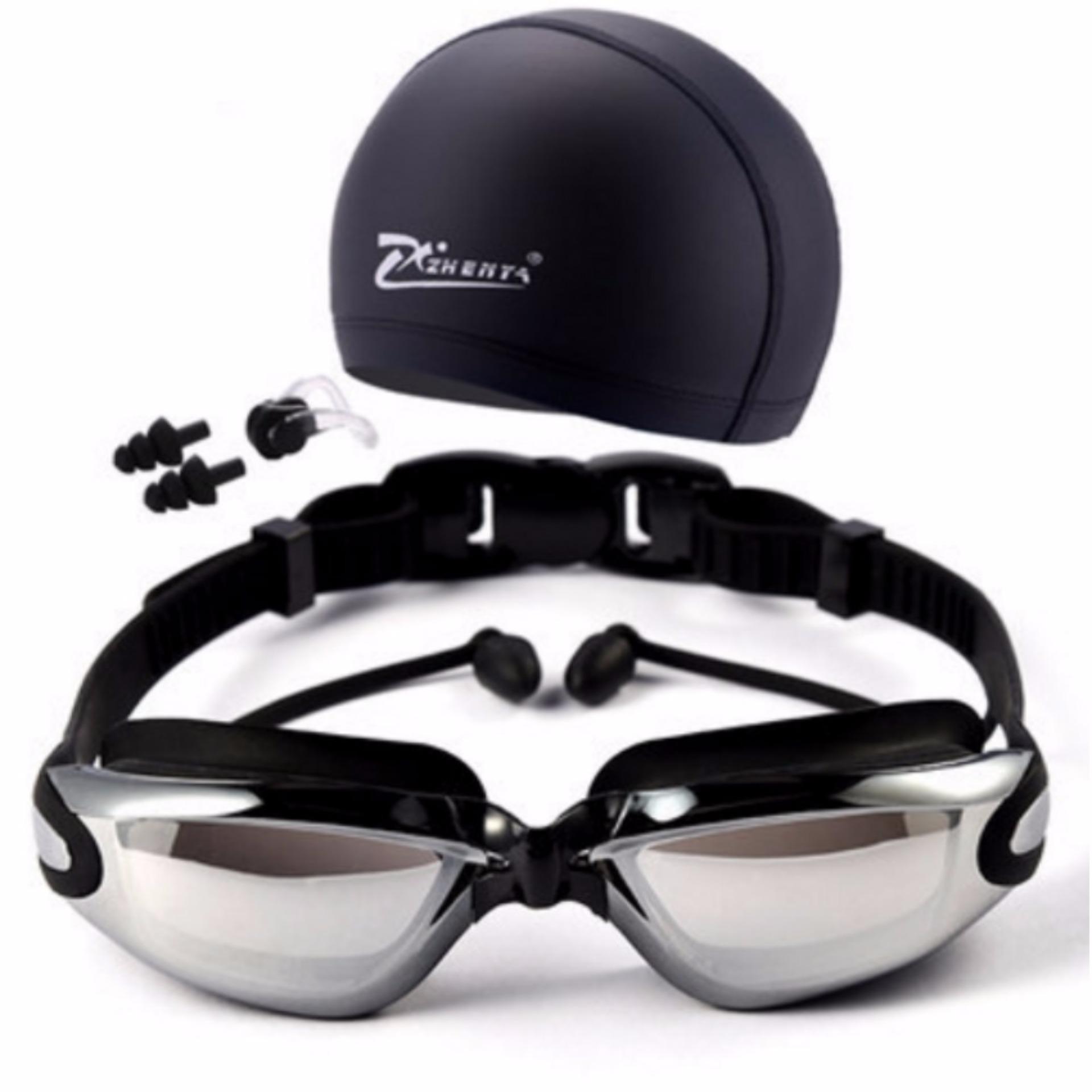 Bộ kính bơi tráng gương cao cấp chống dính nước + mũ + bịt tai TI452