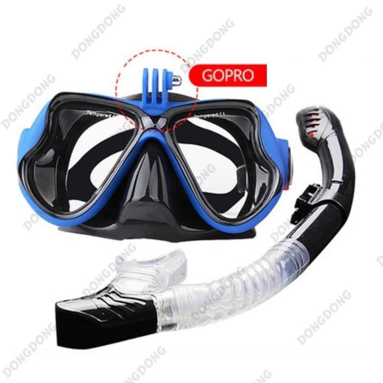Bộ kính lặn Gopro - BLUE, Ống thở van 1 chiều ngăn nước, mắt KÍNH CƯỜNG LỰC, gắn được Gopro,...