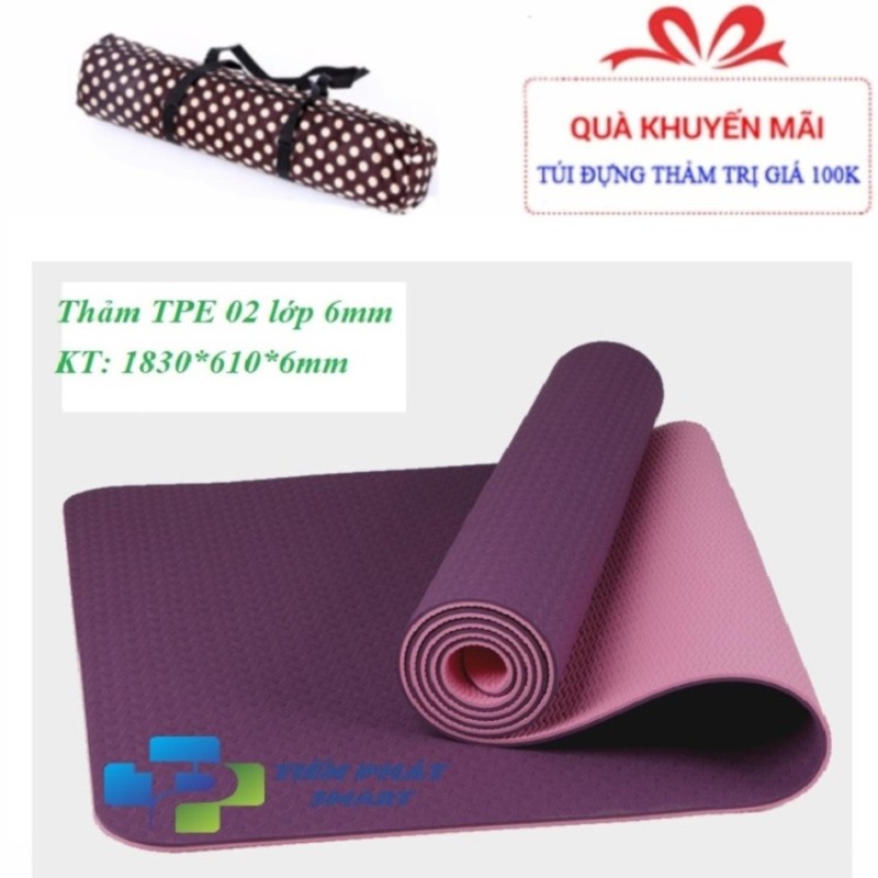 Thảm tập yoga TPE 2 lớp 6mm cao cấp (Tặng túi+Dây buộc)