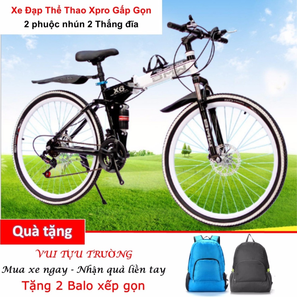 Xe đạp thể thao Xpro gấp gọn cao cấp 2 phuộc nhún 2 thắng đĩa - Tặng 2 Balo xếp gọn