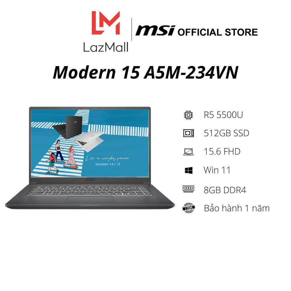 Laptop MSI Modern 15 A5M 234VN (R5-5500U | 8GB DDR4 | SSD 512GB PCIe | 15.6 FHD IPS | Win11|Carbon Gray ) – Hàng Chính Hãng