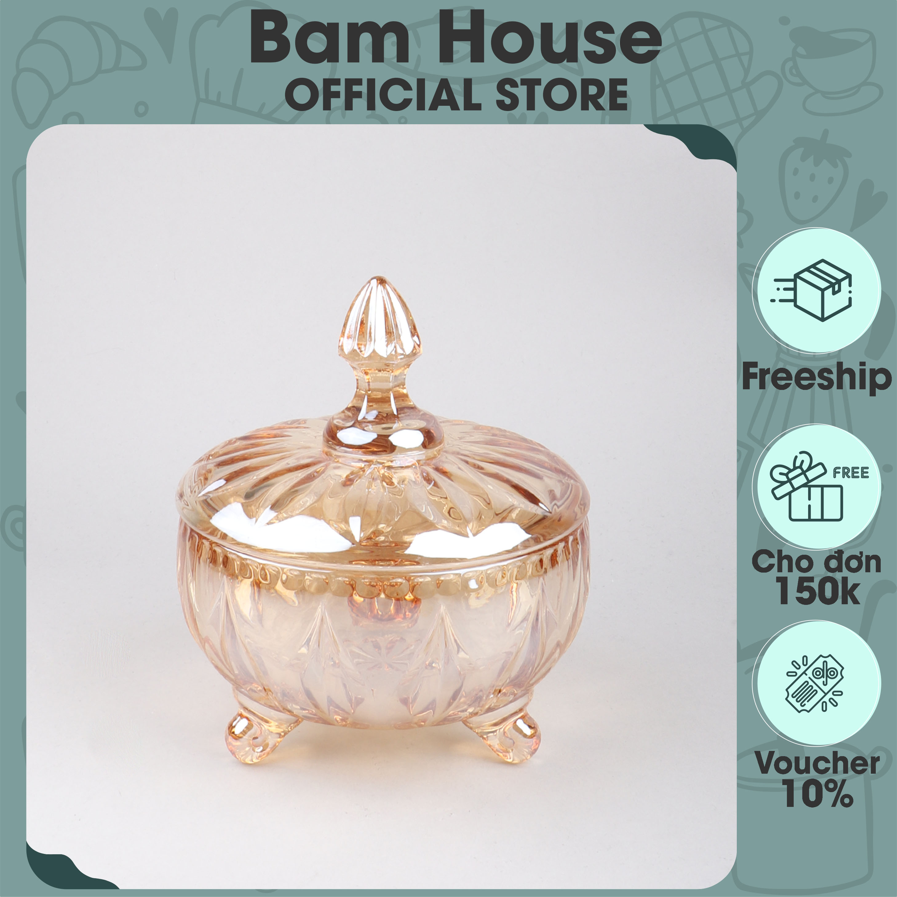 Hủ Thủy tinh đựng bánh kẹo mứt Bam House dạng pha lê với họa tiết độc đáo cao cấp HDM01...