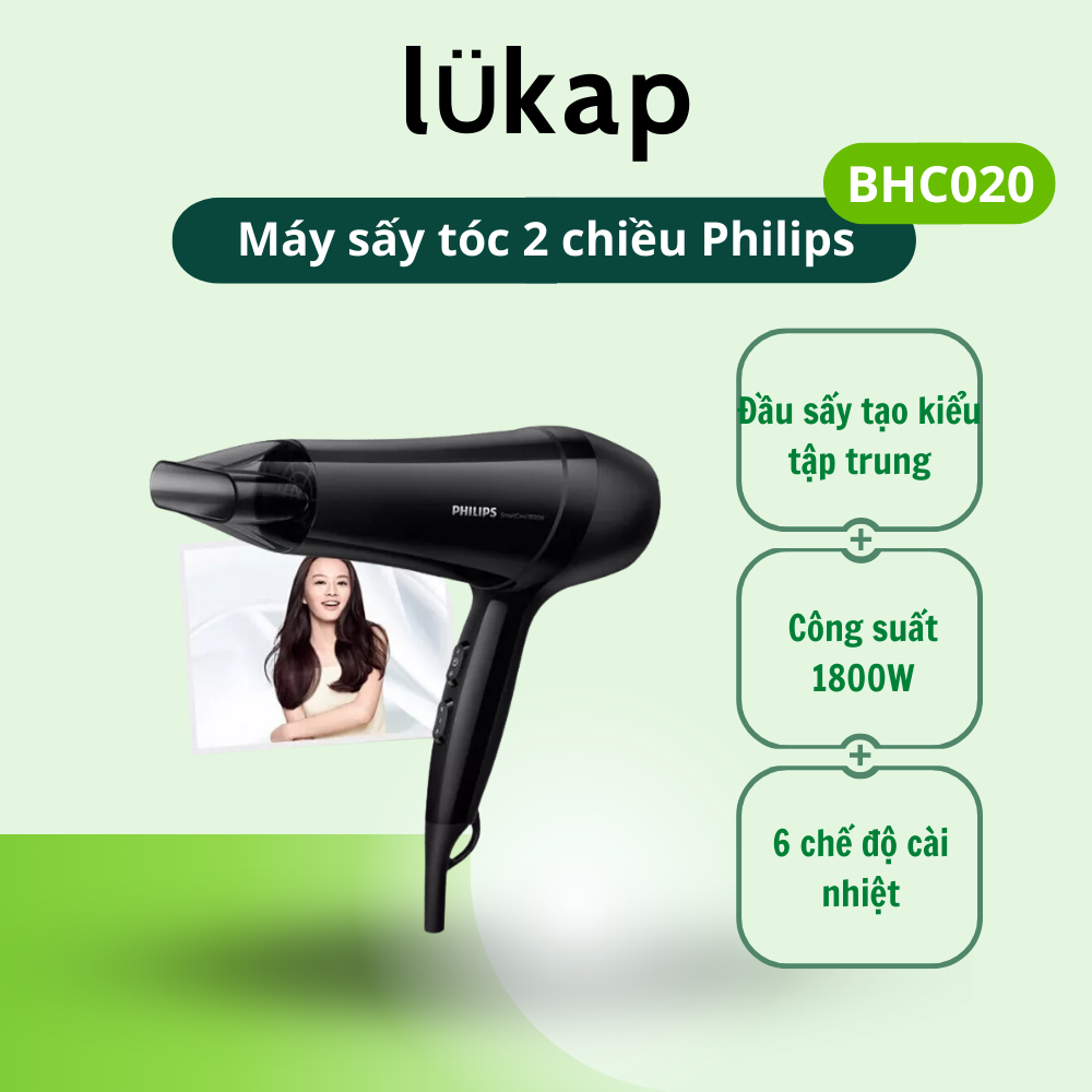Máy sấy tóc Philips BHC020 2 chiều nóng lạnh công suất lớn 1800W dùng cho salon, gia đình, nam nữ – Bảo hành 2 năm Lukap 360