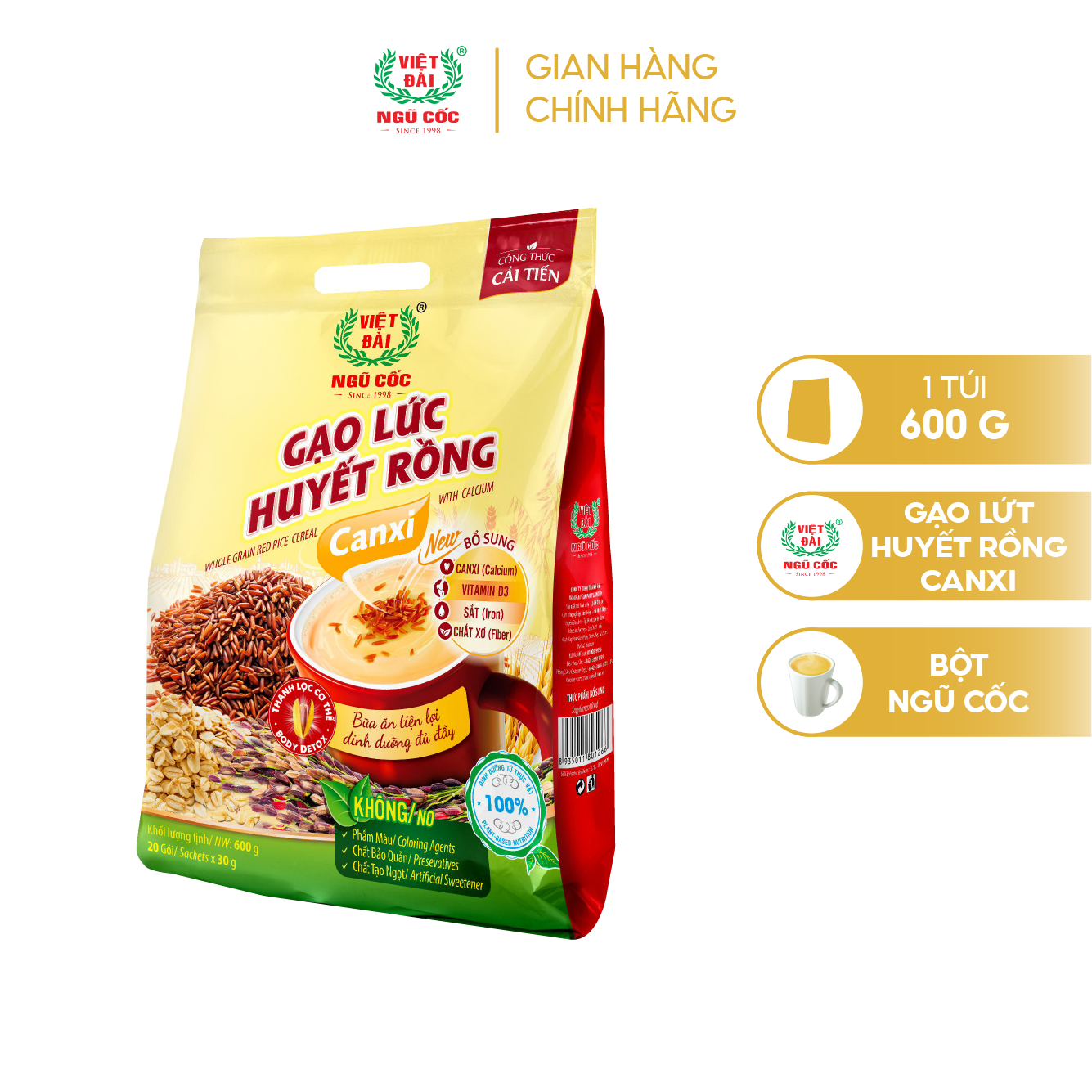Bột ngũ cốc Gạo lức huyết rồng Canxi Việt Đài túi 600g