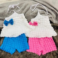 [16-20kg] Set đồ bé gái hở vai quần short, vải xốp siêu nhẹ và mát