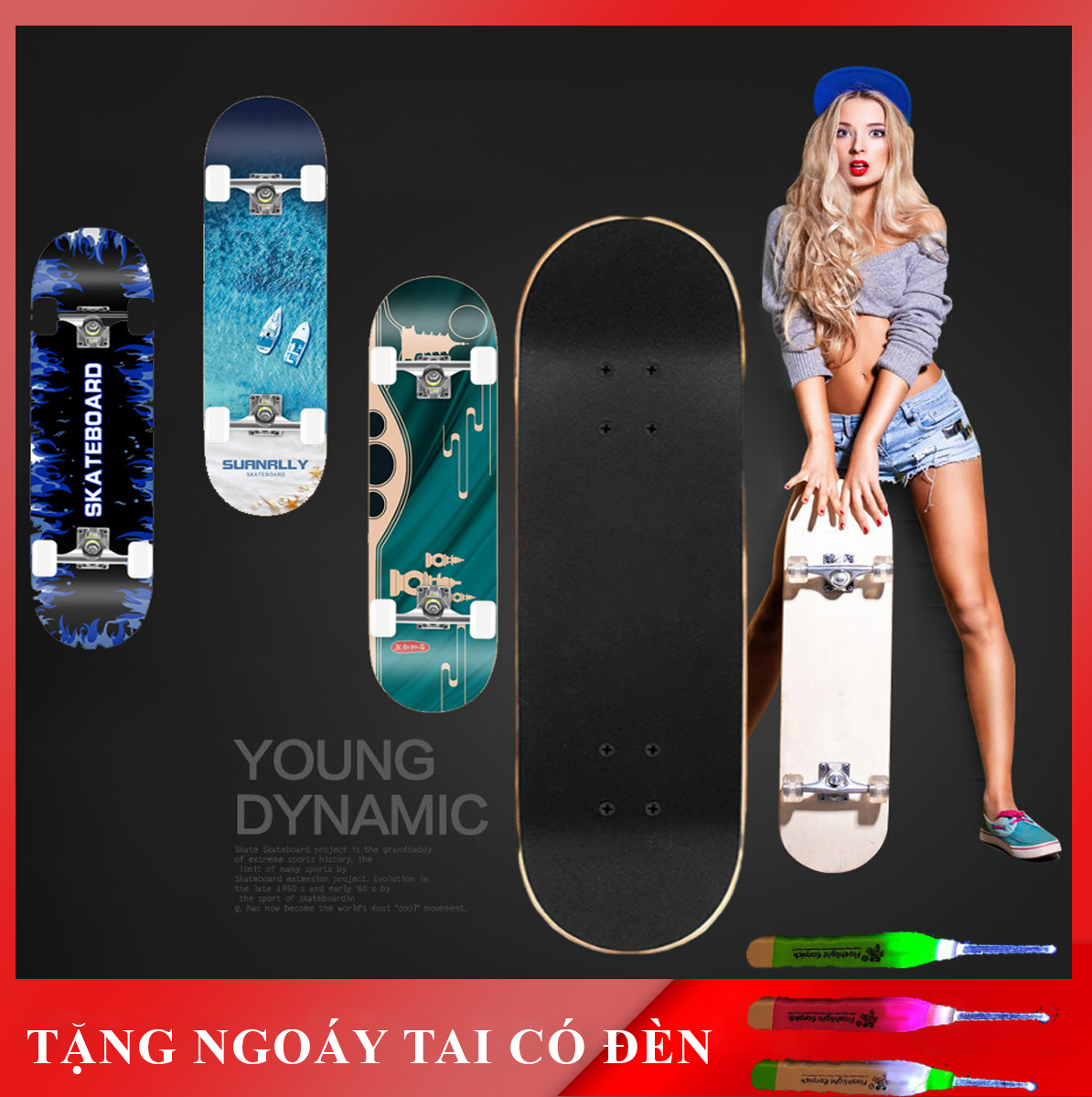 Ván trượt người lớn cao cấp đạt chuẩn thi đấu- Ván trượt thể thao mặt nhám 8 lớp, bánh PU...