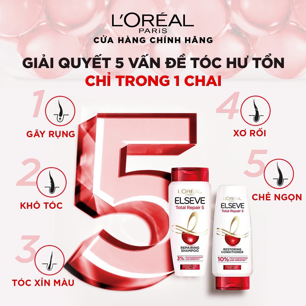Dầu xả giảm 5 dấu hiệu của tóc hư tổn L'Oréal Paris Elseve Total Repair 5 Restoring Conditioner 280 ml
