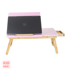 Bàn kê laptop xếp gọn đa năng gỗ tre – mặt bàn nghiêng 5 cấp độ, có ngăn kéo [BLT01-Màu Hồng]