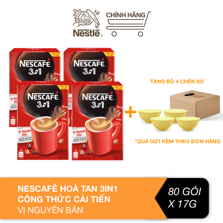 [Tặng bộ 4 chén sứ] Combo 4 hộp cà phê hòa tan Nescafé 3in1 công thức cải tiến – vị nguyên bản (Hộp 20 gói)