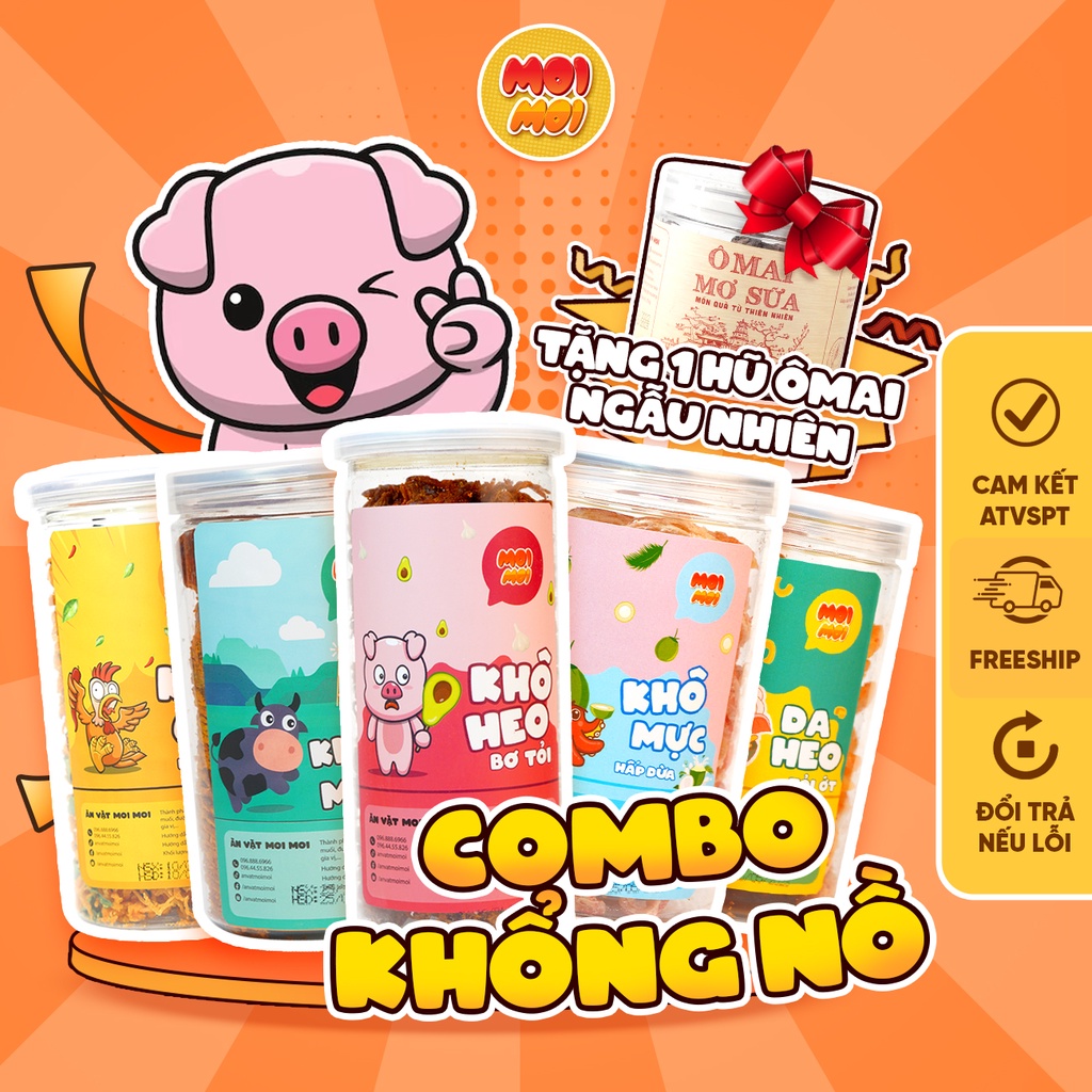 Combo 6 hũ: Khô bò miếng; Khô gà lá chanh; Khô heo bơ tỏi; Khô mực hấp dừa;Da heo tỏi...