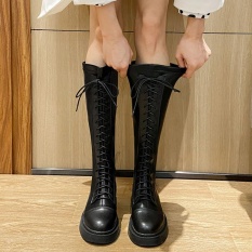 Giày bốt cổ cao dày dặn màu đen có size lớn 41-43 phong cách cá tính thời trang xuân thu，bôt nữ cổ cao，Boots trắng，giày cổ cao nữ，boot cổ cao đan dây