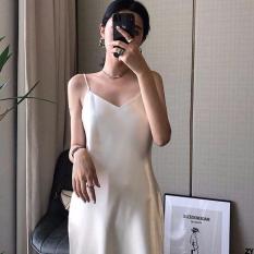 Váy Xuân Lụa Satin Chữ Đồ Ngủ Mùa Hè Dáng Dài Phong Cách Hàn Quốc A Đầm 2023 Váy Khí Chất Hai Dây Nữ Mẫu Mới