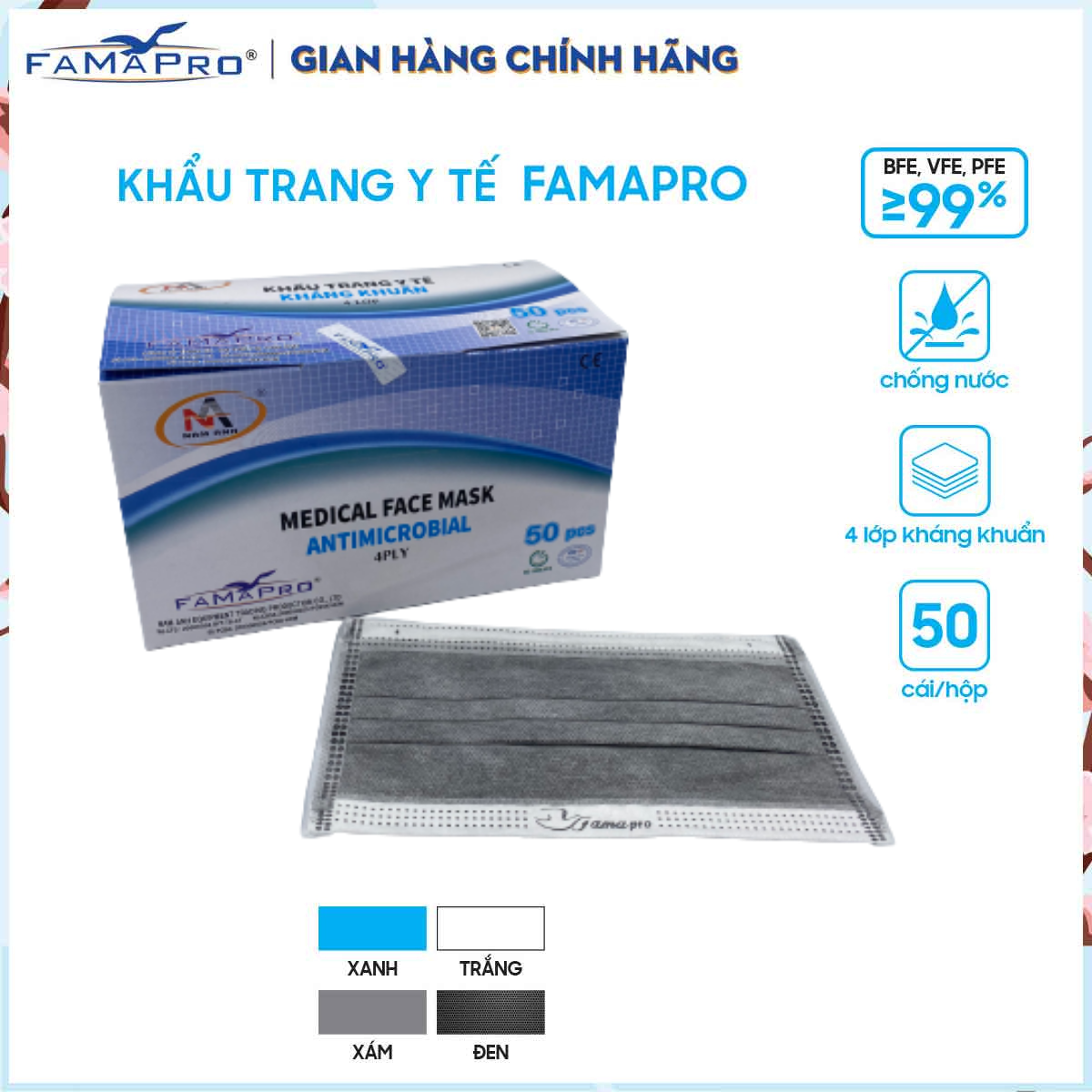 Khẩu trang y tế 4 lớp kháng khuẩn Famapro (50 cái / Hộp)