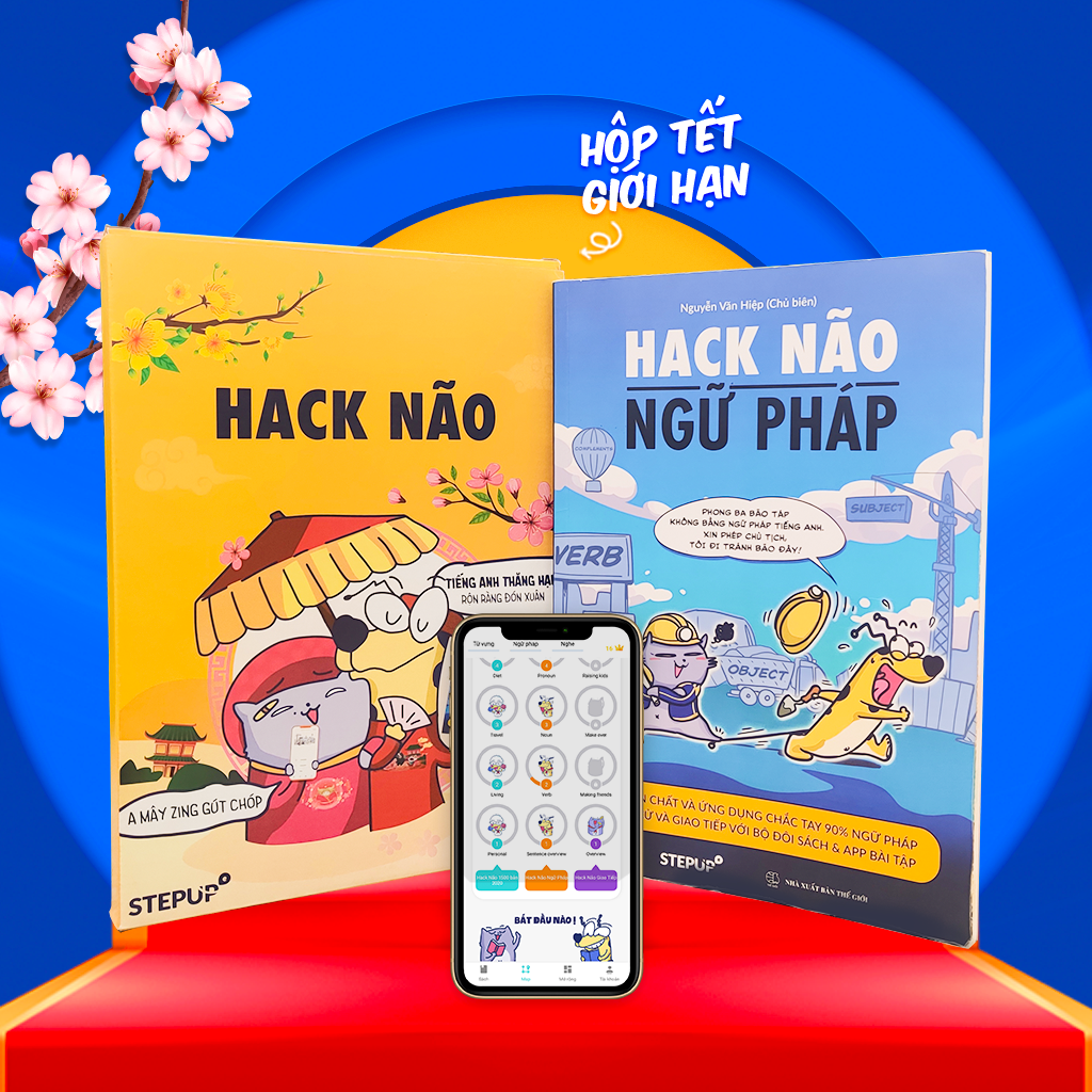 Hack Não Ngữ Pháp – Sách học ngữ pháp tiếng Anh bằng sơ đồ, tặng miễn phí App Hack Não Pro giải thích chi tiết lỗi sai, giúp hiểu bản chất, dễ dàng ứng dụng vào giao tiếp và thi cử (Step Up English)