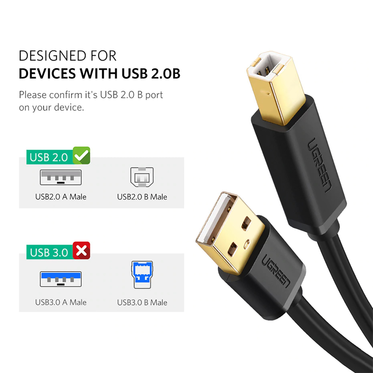 Cáp máy in USB 2.0 AM to BM Ugreen US135 Chính Hãng
