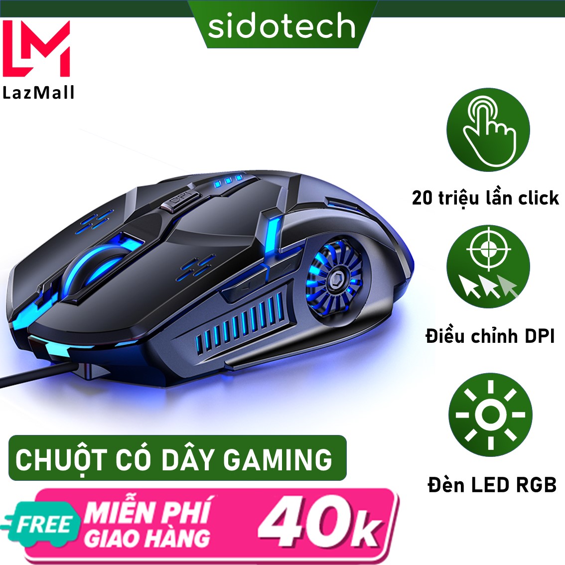 Chuột máy tính gaming có dây game thủ SIDOTECH 3200DPI chế độ LED 7 màu, thiết kế 6 nút bấm...