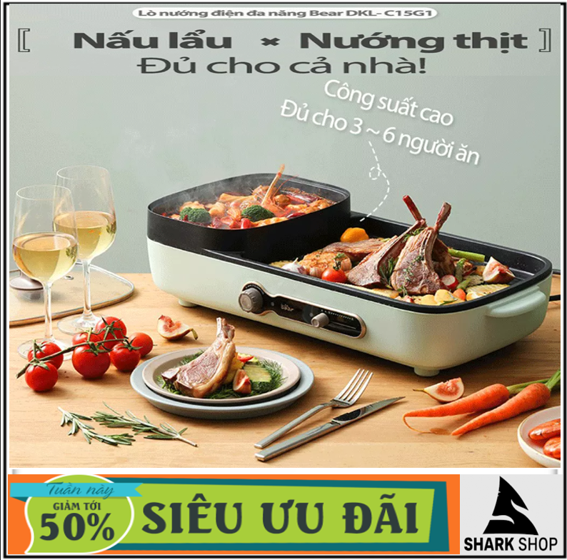 Bếp Lẩu Nướng 2 In 1,Nồi Lẩu Nướng 2 Ngăn BEAR,Nồi Lẩu 2 In 1 Siêu Chống Dính Đa Năng...