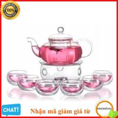 Bộ Ấm Chén Pha Trà Thuỷ Tinh Cao Cấp Dung Tích 600ml Có Lõi Lọc, Ấm Trà Hoa Cúc Thủy Tinh Chịu Nhiệt+ Tặng 6 Chén, Đế Đun Trà, Nến- Canashop