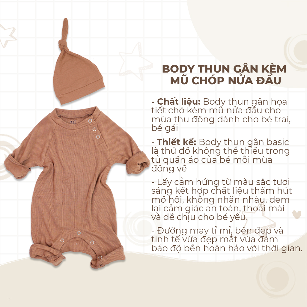 Bộ Body Chip UNBEE Chất Thun Gân Cài Vai Kèm Mũ Chóp Cho Bé 3-11kg, Hàng Thiết Kế Phong Cách...