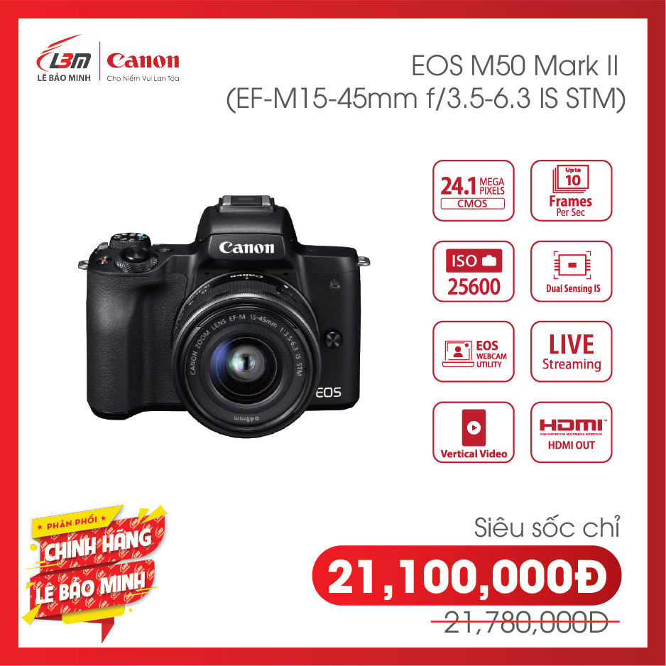 [voucher 9%]Máy ảnh Canon EOS M50 Mark II EF-M15-45mm F/3.5-6.3 IS STM – Chính Hãng Lê Bảo Minh