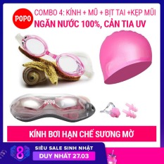 Kính bơi hiện đại 1153, mũ bơi trơn, bịt tai kẹp mũi POPO Collection mắt kính trong chống tia UV chống sương mờ