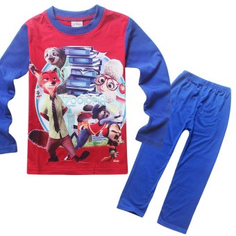 2 Pieces Zootopia 4-12 Years Old Boys 105-155cm Hight Soft Cotton Blend Sleepwear(Color:Blue&Red) - intl  