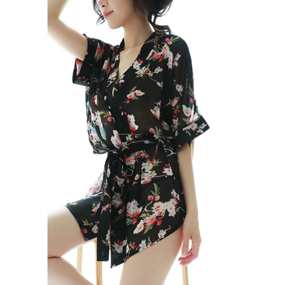 Áo choàng ngủ voan lụa thời trang ZAVANS (Hoa đen)