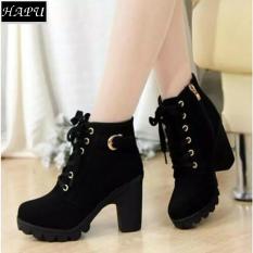 Giày boot nữ da lộn khóa kéo, khuy cài cổ HAPU – BNNK01 (đen)
