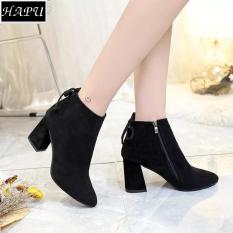 Bốt thời trang nữ da lộn dây kéo hông HAPU – BNDG1 (đen)