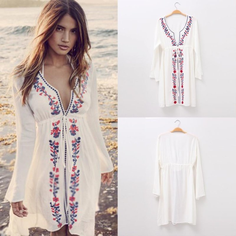 Nơi bán Đồ bơi nữ cổ V gợi cảm tay dài đính ren hoa Bikini Đồ bơi Đầm mặc ngoài dùng đi biển màu Trắng hiệu BUYINCOINS - intl