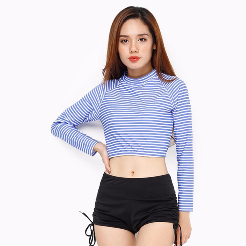 Nơi bán Đồ bơi xuất khẩu áo Croptop sọc nhỏ xanh tay dài